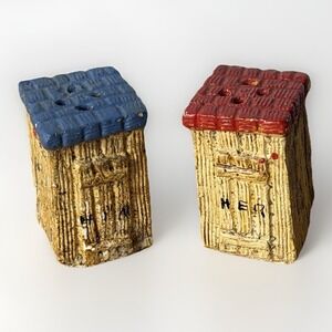 Vintage Salt Pepper Shakers Novelty Red‎ Blue Outhouse Him Her Kitsch Farmhouse